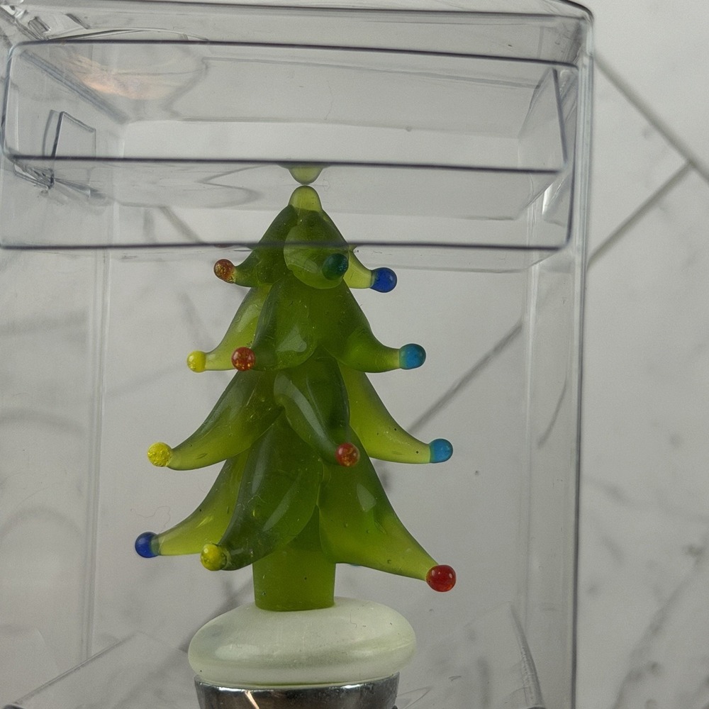 Pier 1 Imports Christmas Tree Bottle Stopper Green Glass Metal Stem w/ Gift Box - Picture 3 of 8